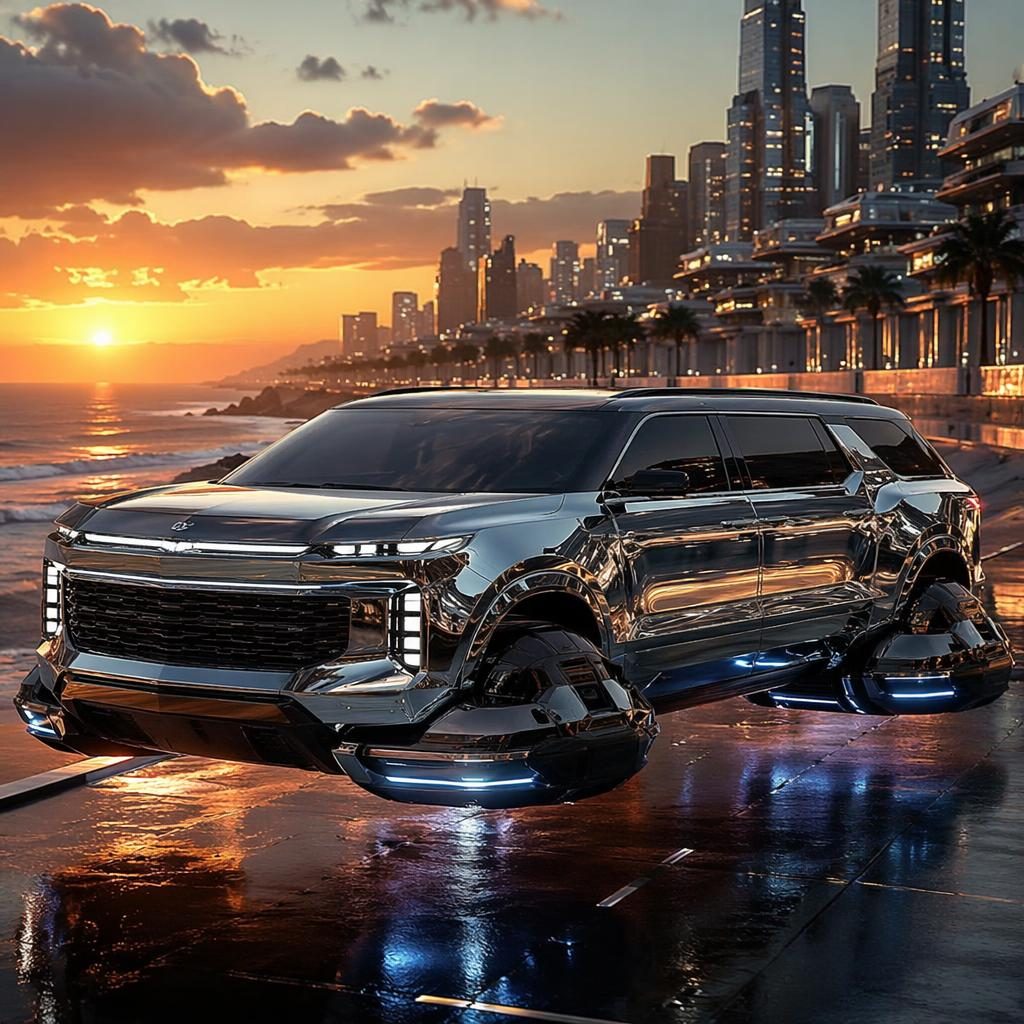 Three-quarter front view of a futuristic hydrogen hover SUV with liquid chrome bodywork at a coastal sunset.