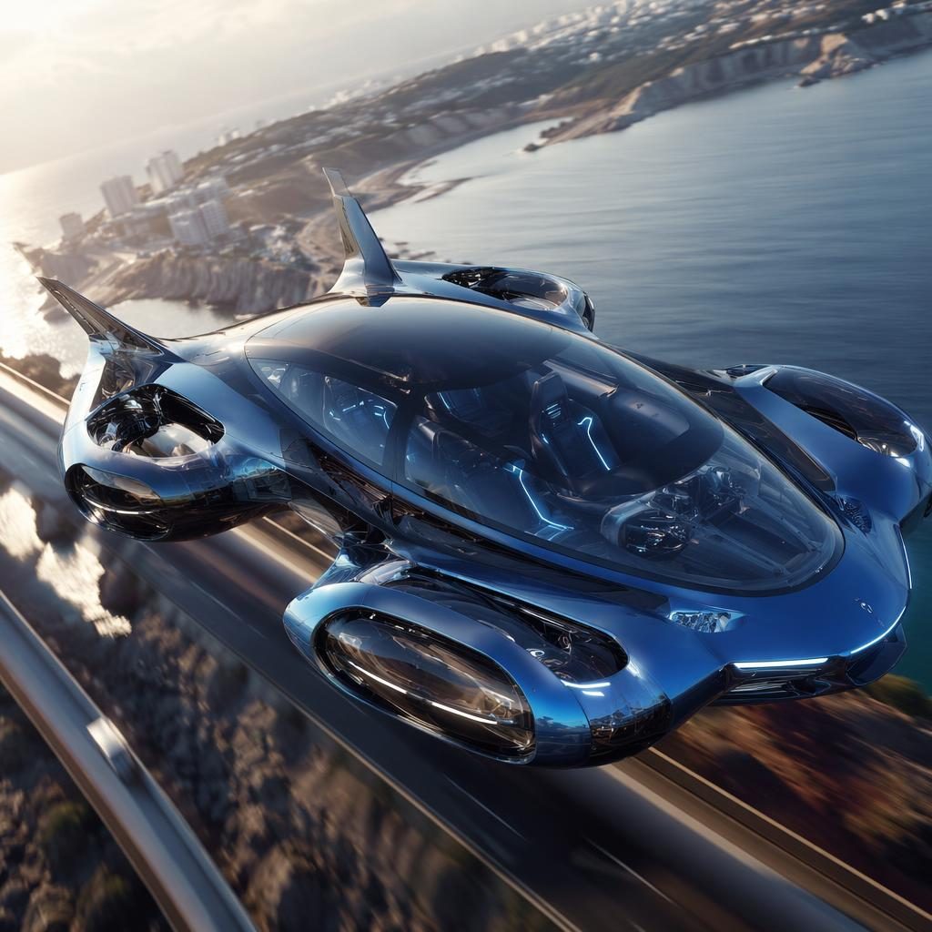 Electric blue futuristic flying hot hatch with transparent panels above a race track, three-quarter front view