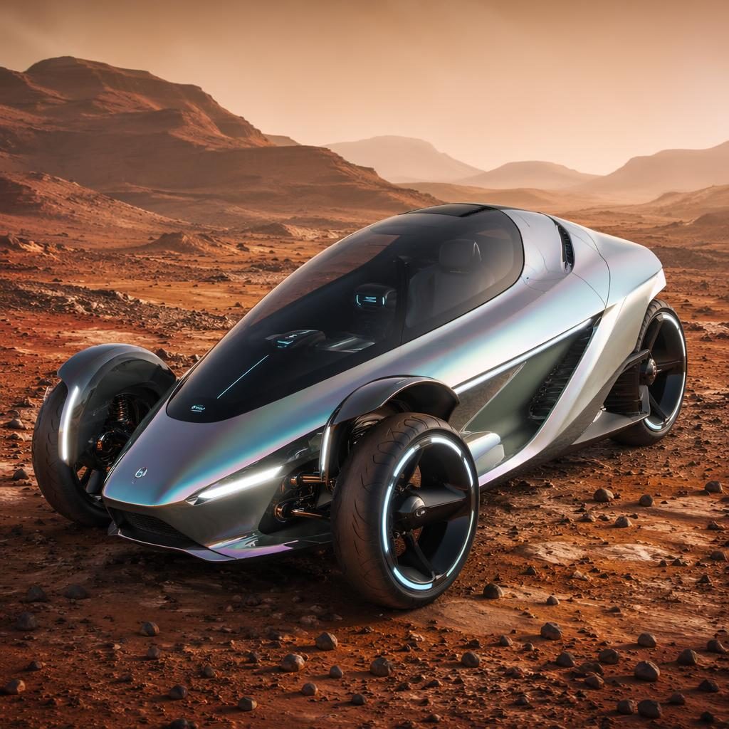 Iridescent silver reverse trike hover vehicle in a three-quarter front view on a Mars-like desert, cinematic lighting