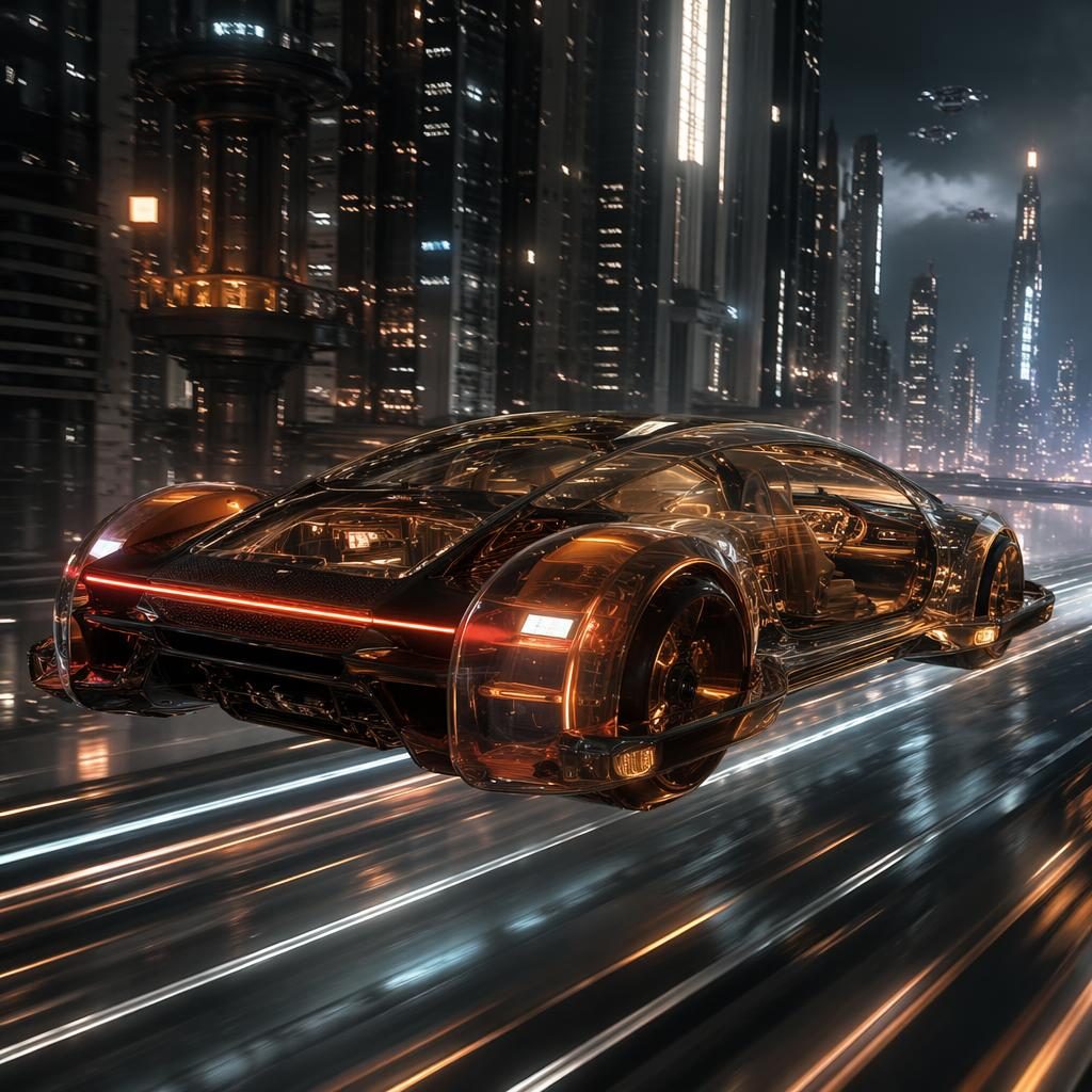 Rendu d’une berline futuriste électrique cuivre nacré, carrosserie OLED transparente, vue arrière 3/4 sur autoroute néon