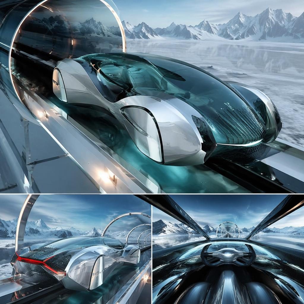 Interiér futuristického SUV 2100 s holografickou karoserií, biomimetickým designem a výhledem na zmrzlou tundru