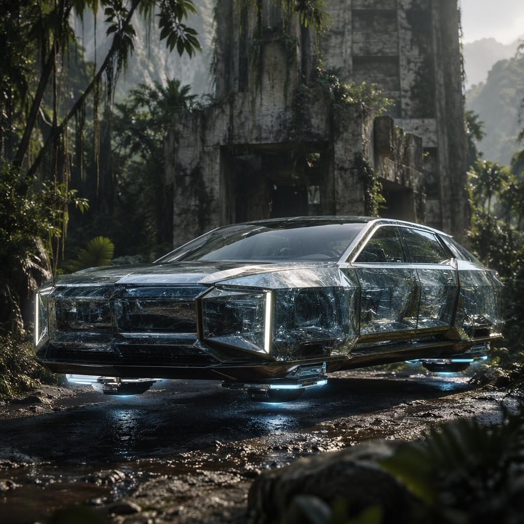 Rendu d’une berline futuriste 2200 à carrosserie cristal translucide, vue trois quarts avant, dans une jungle.