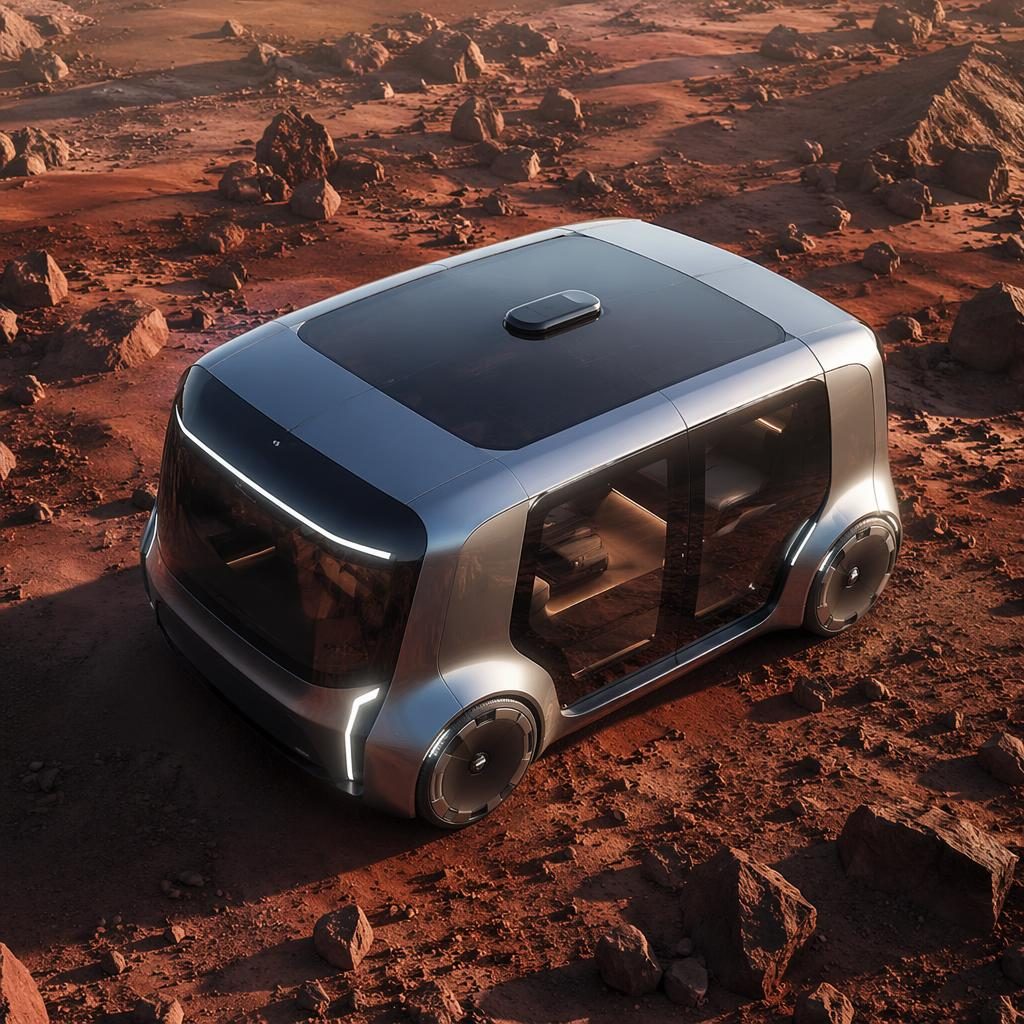 Aerial view of a futuristic self driving car concept, iridescent silver modular cube coupe on an arid Mars-like landscape.