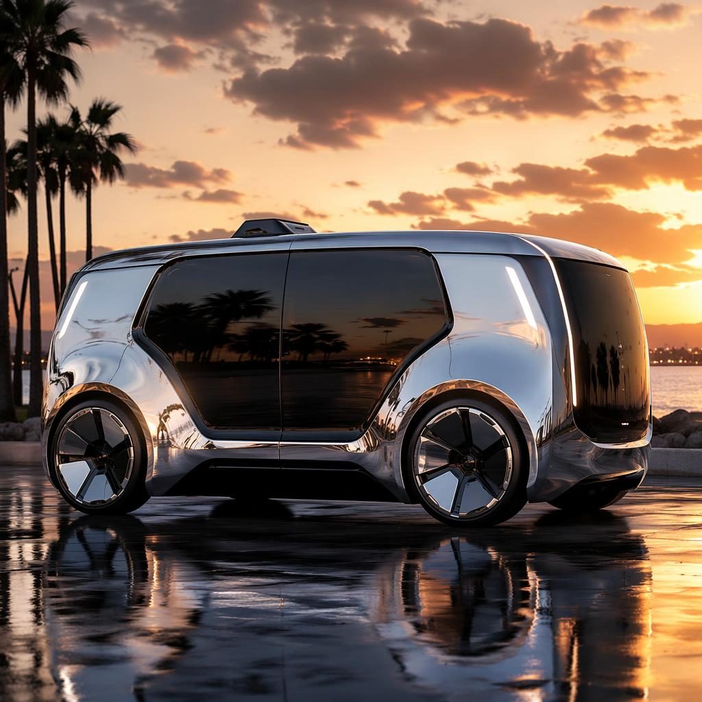 Side profile render of a generic 2035 hydrogen autonomous pod with liquid chrome body at a coastal sunset.