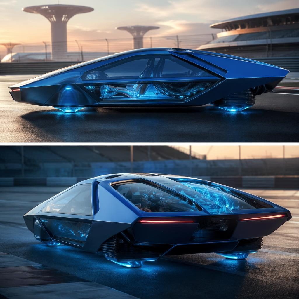 Side profile render of a 2035 inflatable city pod hover-vehicle with transparent panels, electric blue bodywork, on a race track