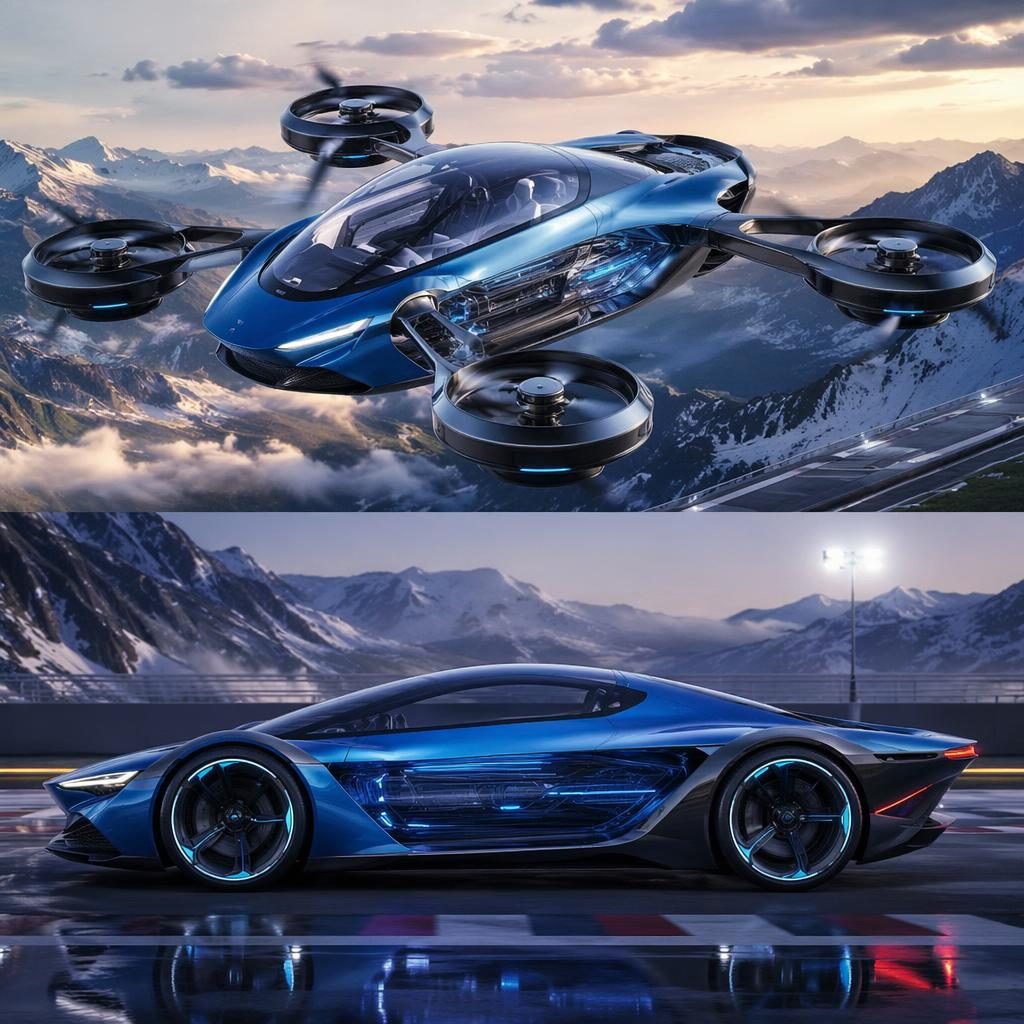 Aerial futuristic flying sedan in electric blue with transparent panels, shown above a race track in side profile.