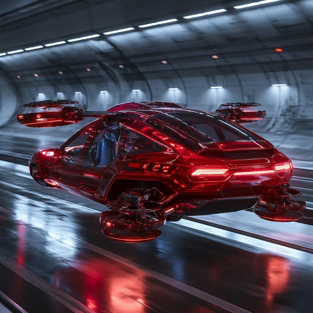 Deep red translucent futuristic flying SUV concept shown from rear three-quarter view in a cinematic underground tunnel.