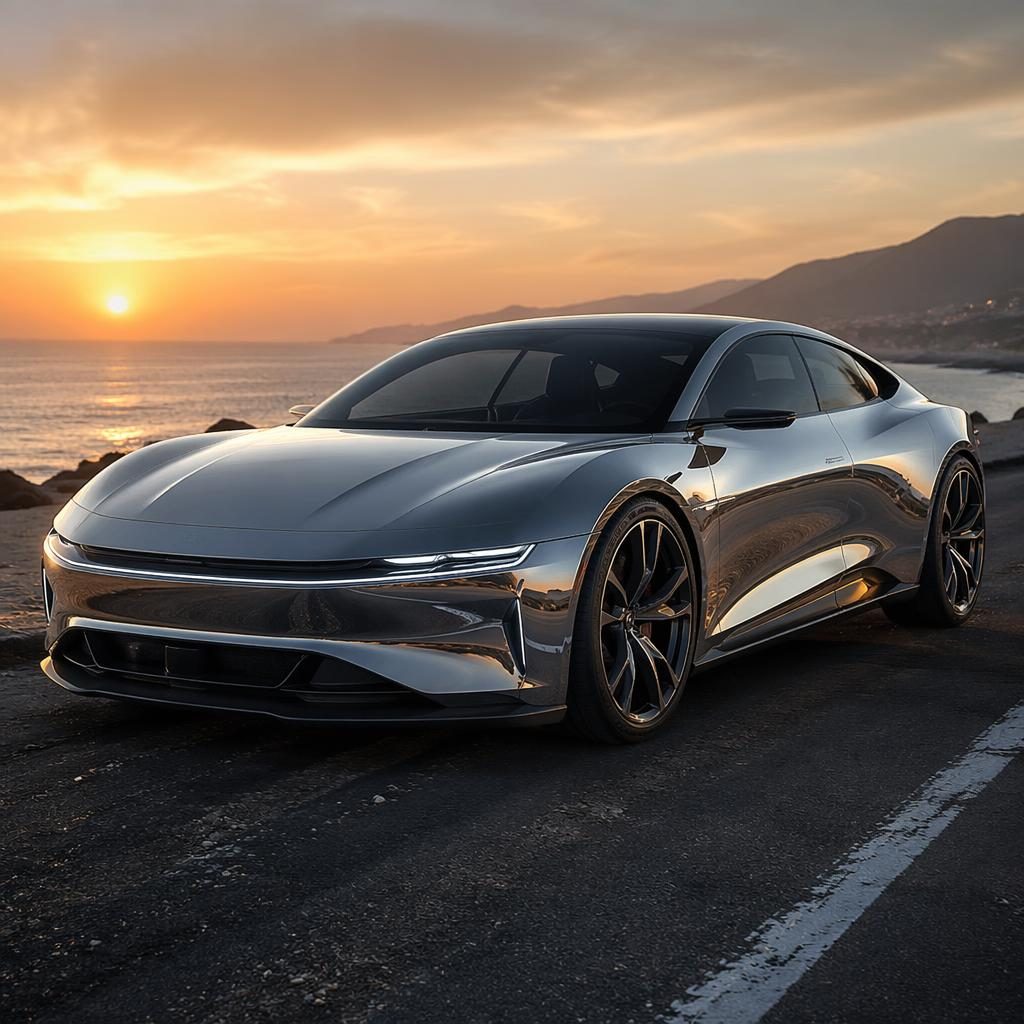 Coupé deportivo eléctrico futurista 2050 en ángulo frontal tres cuartos, carrocería cromo líquido, costa al atardecer