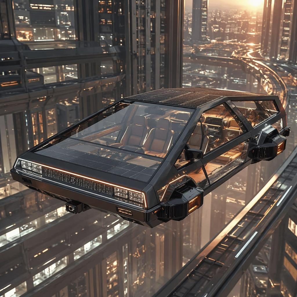 Render de sedán volador 2050 con carrocería transparente OLED, acabado negro mate y diseño retrofuturista