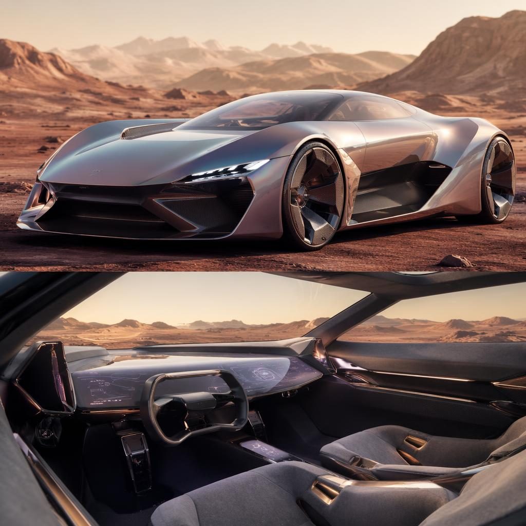 Futuristischer Supercar-Render in irisierendem Silber, Dreiviertel-Frontansicht in karger marsähnlicher Landschaft