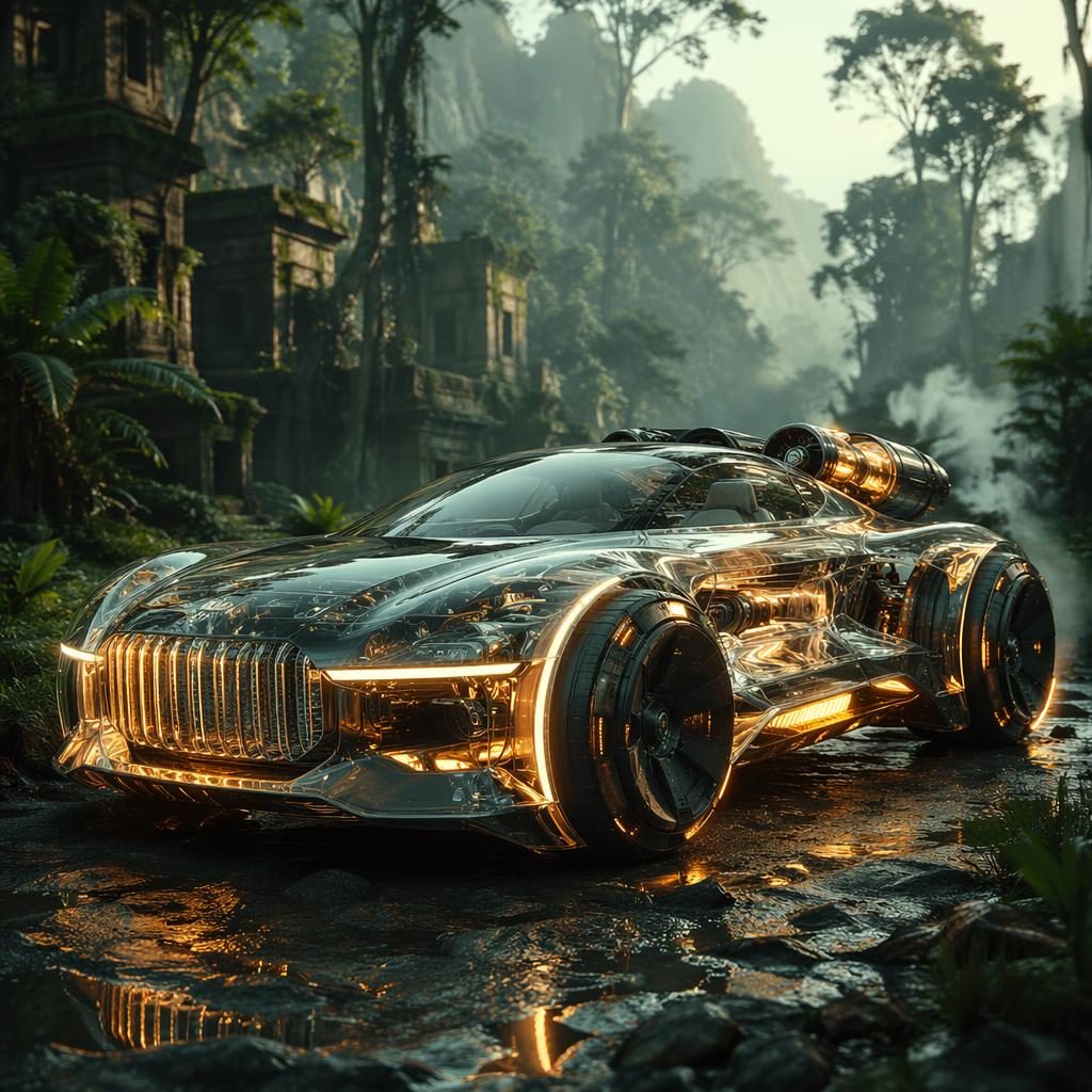 Three-quarter front render of a brutalist translucent crystal hot hatch rocket roadster in a jungle setting.
