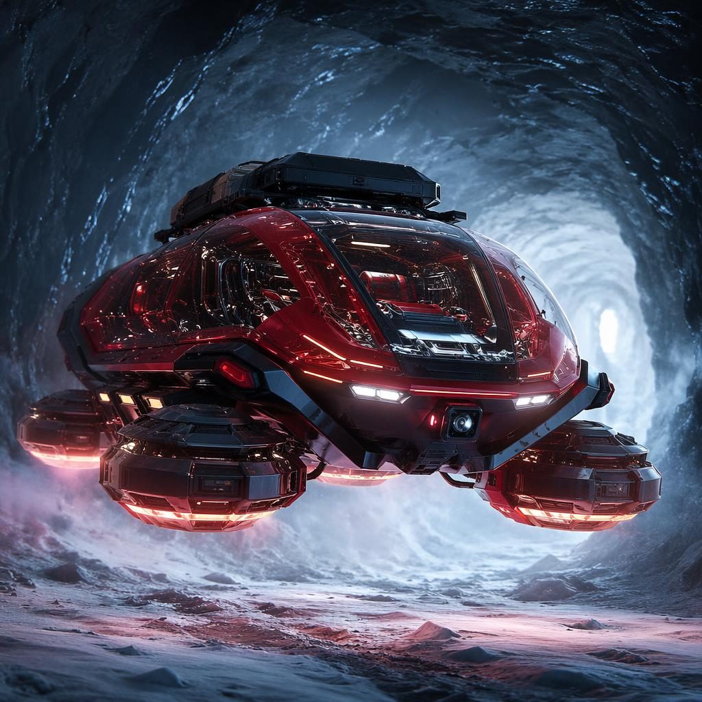 Rendu d’un rover des neiges futuriste rouge foncé en lévitation, translucide, vu de face dans un tunnel souterrain.