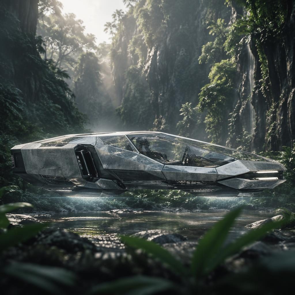 Profil latéral d’un véhicule futuriste 2035 à lévitation magnétique, carrosserie translucide, style brutaliste, dans la jungle