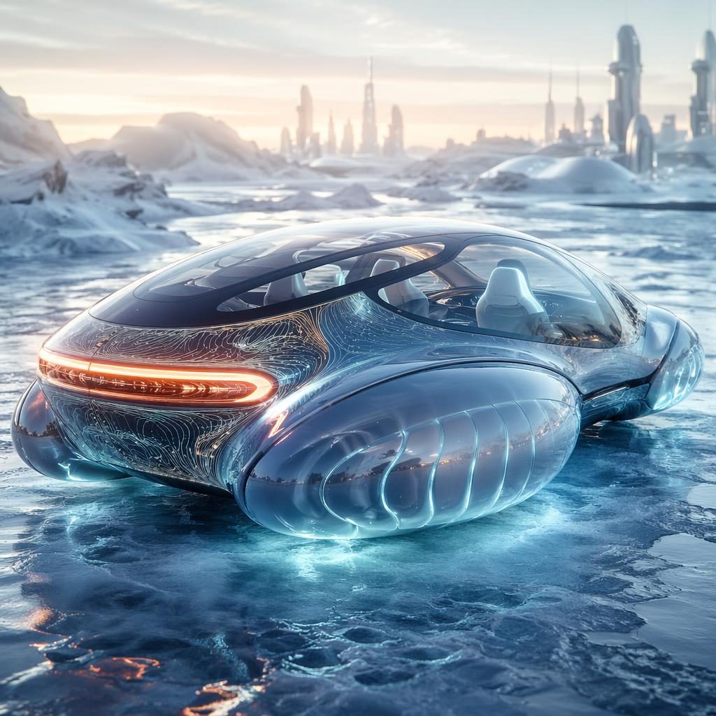 Render eines aufblasbaren futuristischen City-Pods mit holografischer Karosserie auf gefrorener Tundra, Ansicht schräg hinten