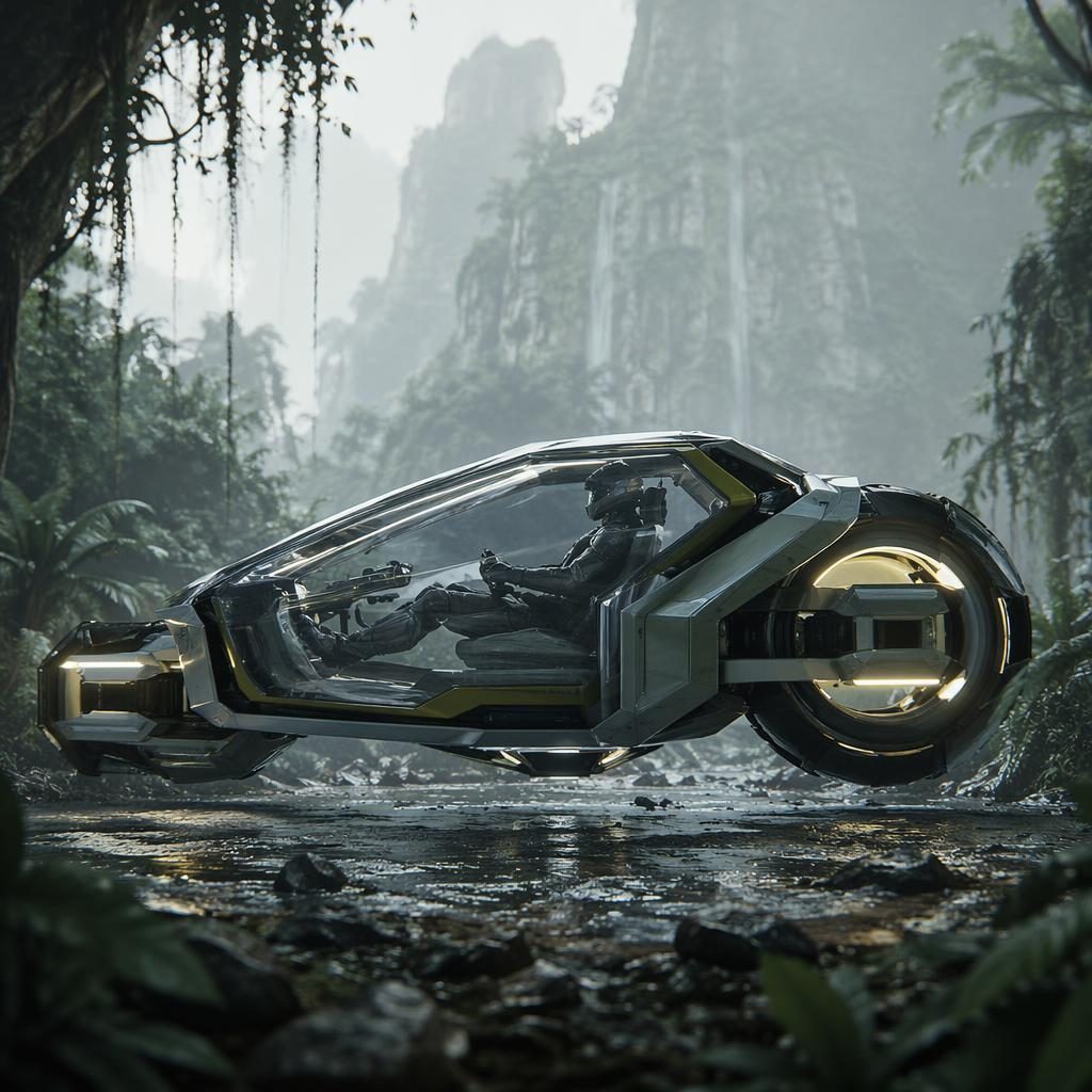 Side profile render of a 2035 futuristic reverse trike hover vehicle with crystal bodywork in a jungle setting