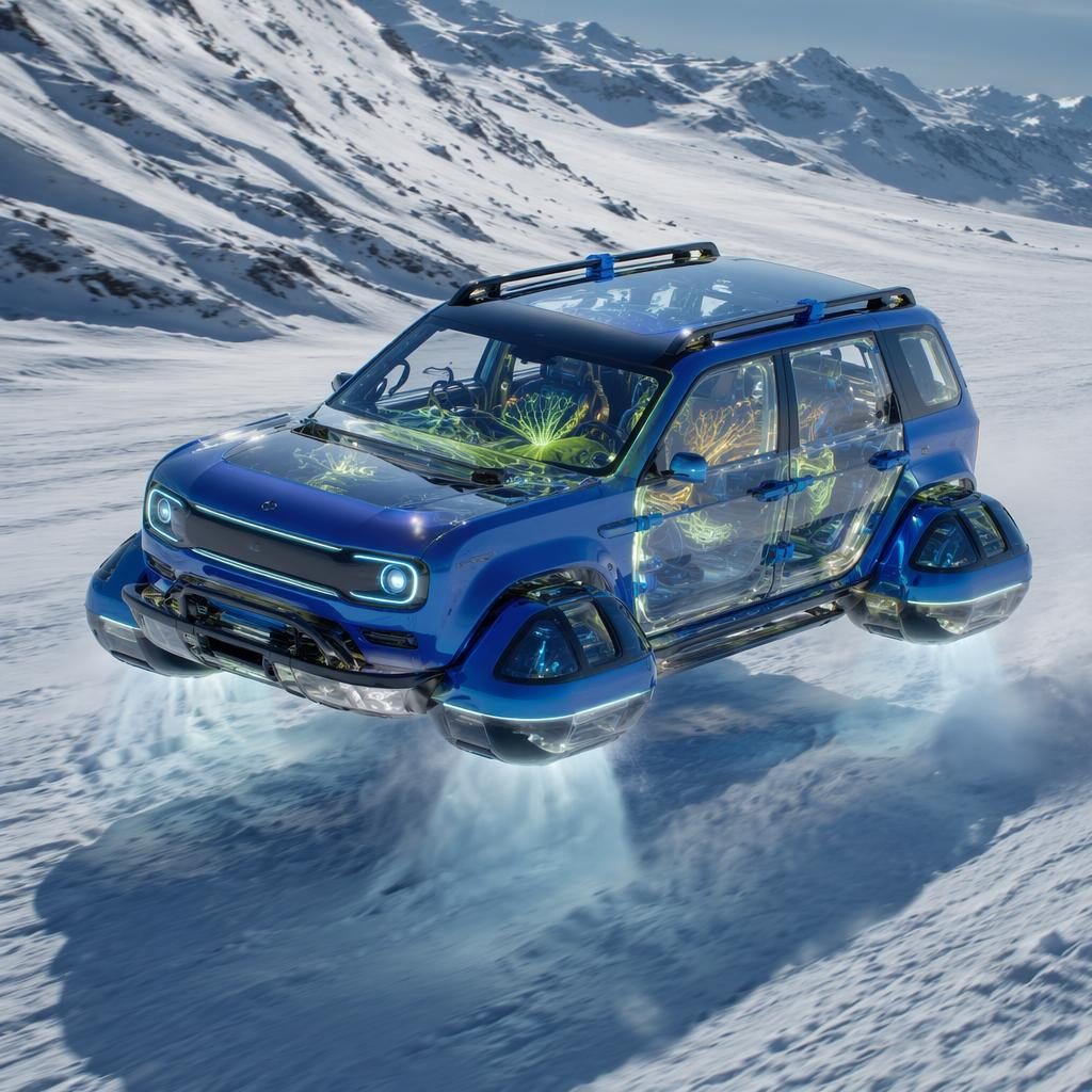 Rendu d’un rover flottant futuriste bleu électrique, vue aérienne sur circuit, avec panneaux transparents.