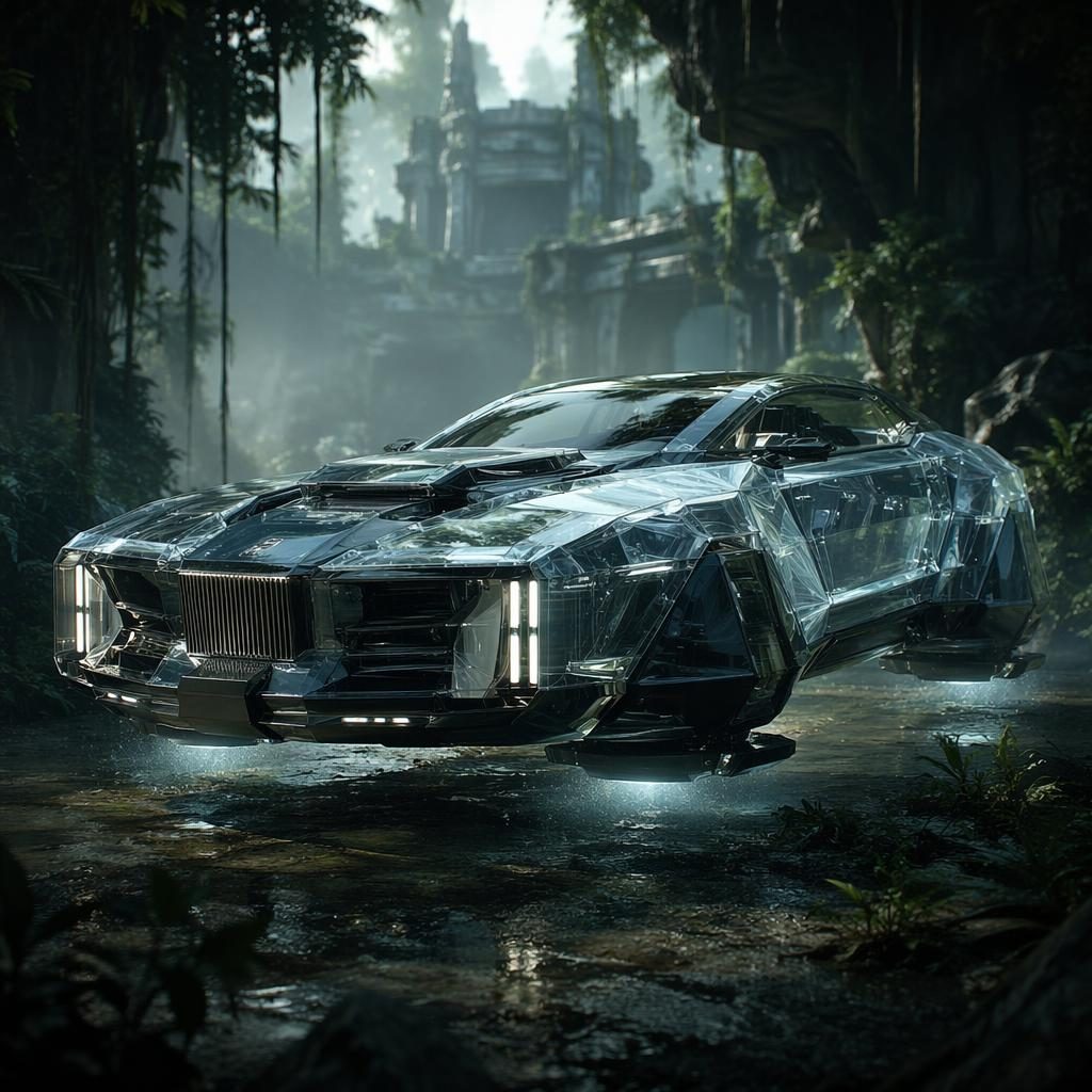 Three-quarter front render of a futuristic armored sedan with crystal bodywork in a jungle, lit cinematically
