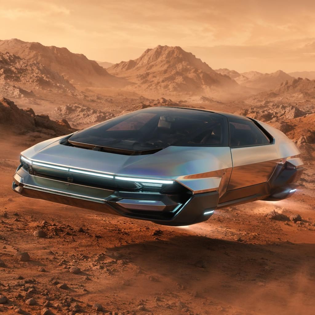 Render de coche delorean autónomo tipo pod taxi, plateado iridiscente, vista frontal tres cuartos en paisaje árido marciano