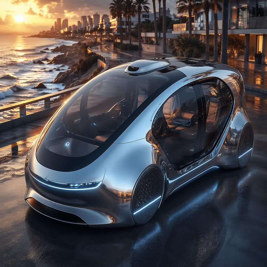 Aerial view of a futuristic hydrogen-powered autonomous pod taxi with liquid chrome body at coastal sunset