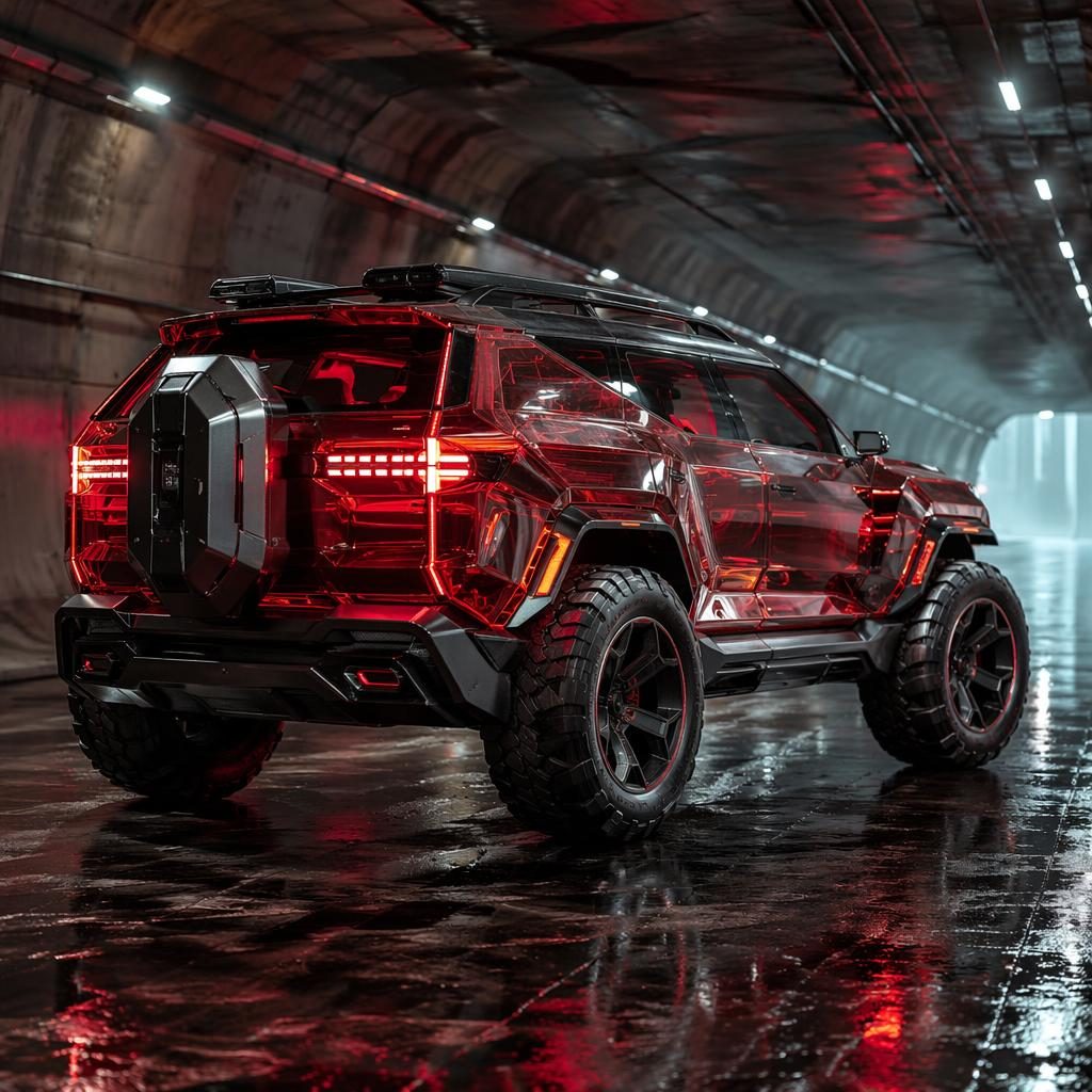 Deep red futuristic SUV concept with translucent bodywork, rear three-quarter view, driving through an underground tunnel