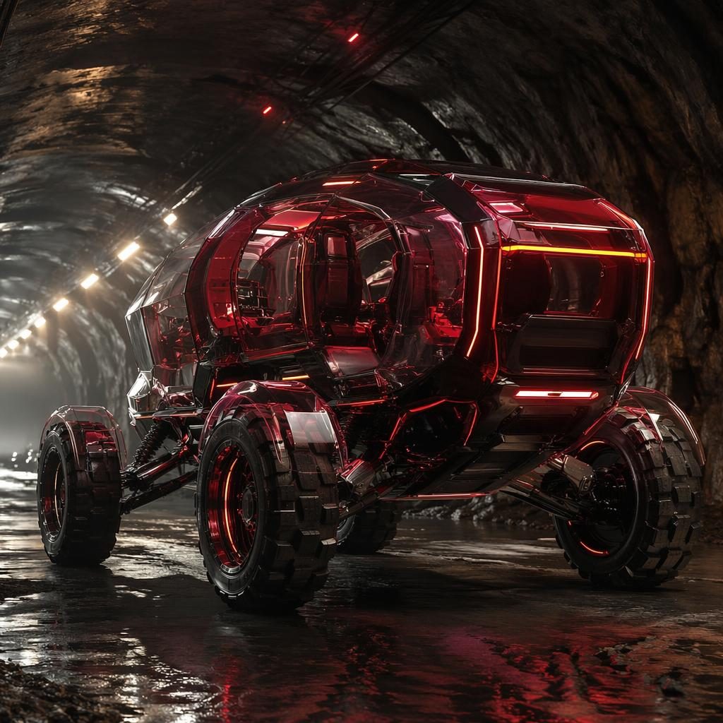 Render d'un 4x4 futuriste rouge translucide, vue arrière trois-quarts, dans un tunnel souterrain cinématographique.