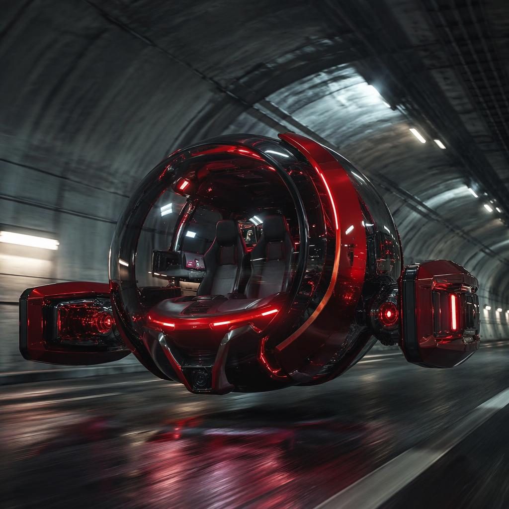Render de auto volador futurista rojo oscuro con cabina giratoria translúcida en túnel subterráneo, vista frontal baja