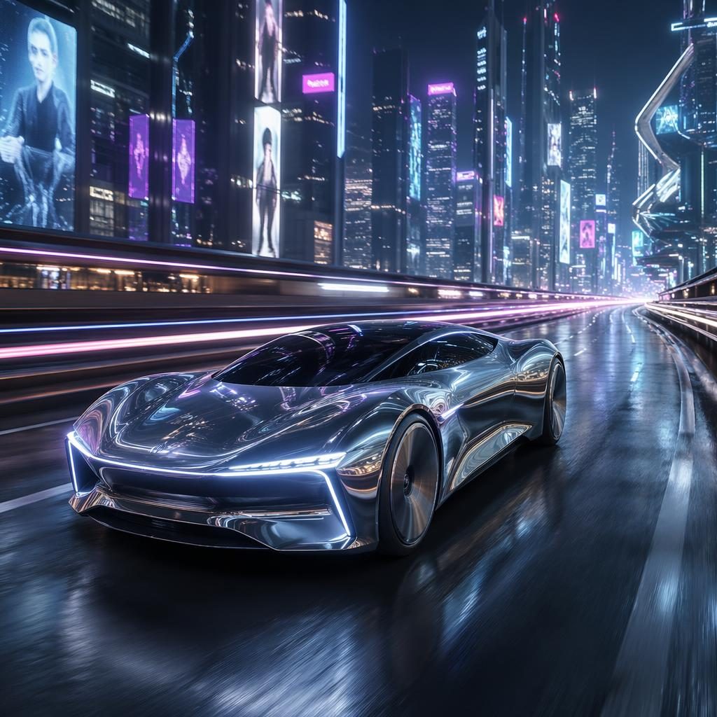 Cupê esportivo elétrico futurista 2050 com carroceria cromada, luzes LED e teto de vidro em rodovia neon.