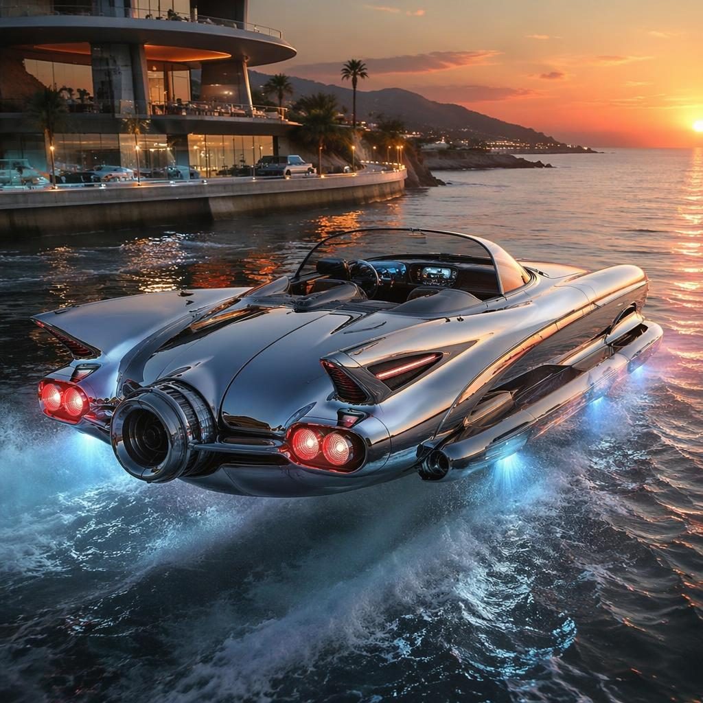 Aerial view of a hydrogen-powered 2080 amphibious hover sedan with liquid chrome bodywork above a coastal sunset.