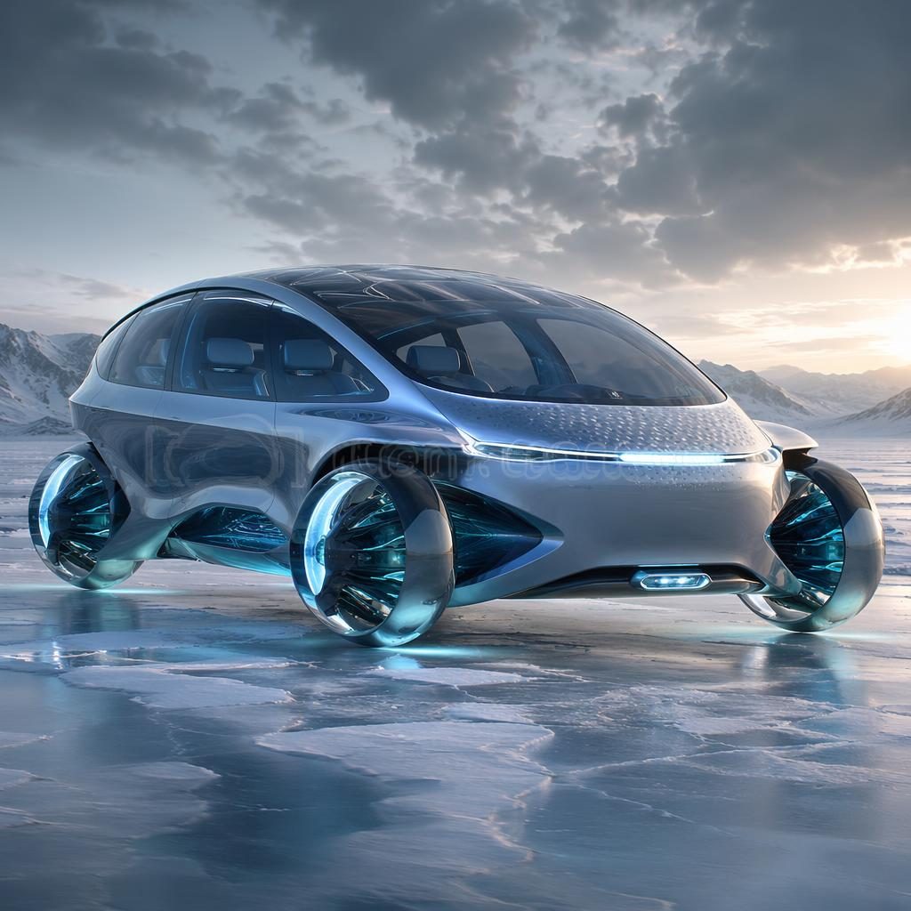 Render de SUV futurista 2050 con diseño biomimético, carrocería holográfica y canopy solar sobre tundra helada