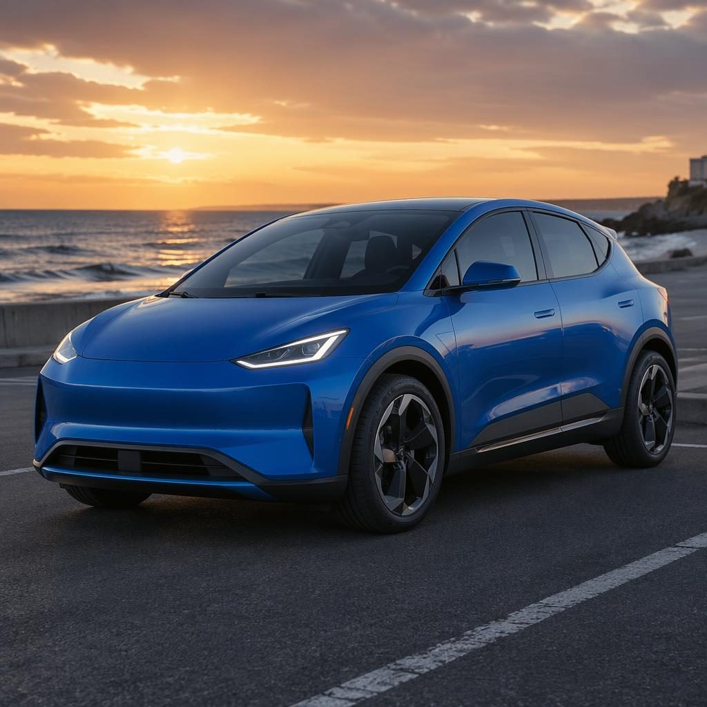 Render fotorrealista de hatch compacto futurista azul elétrico, visto de três quartos dianteiro ao pôr do sol costeiro.