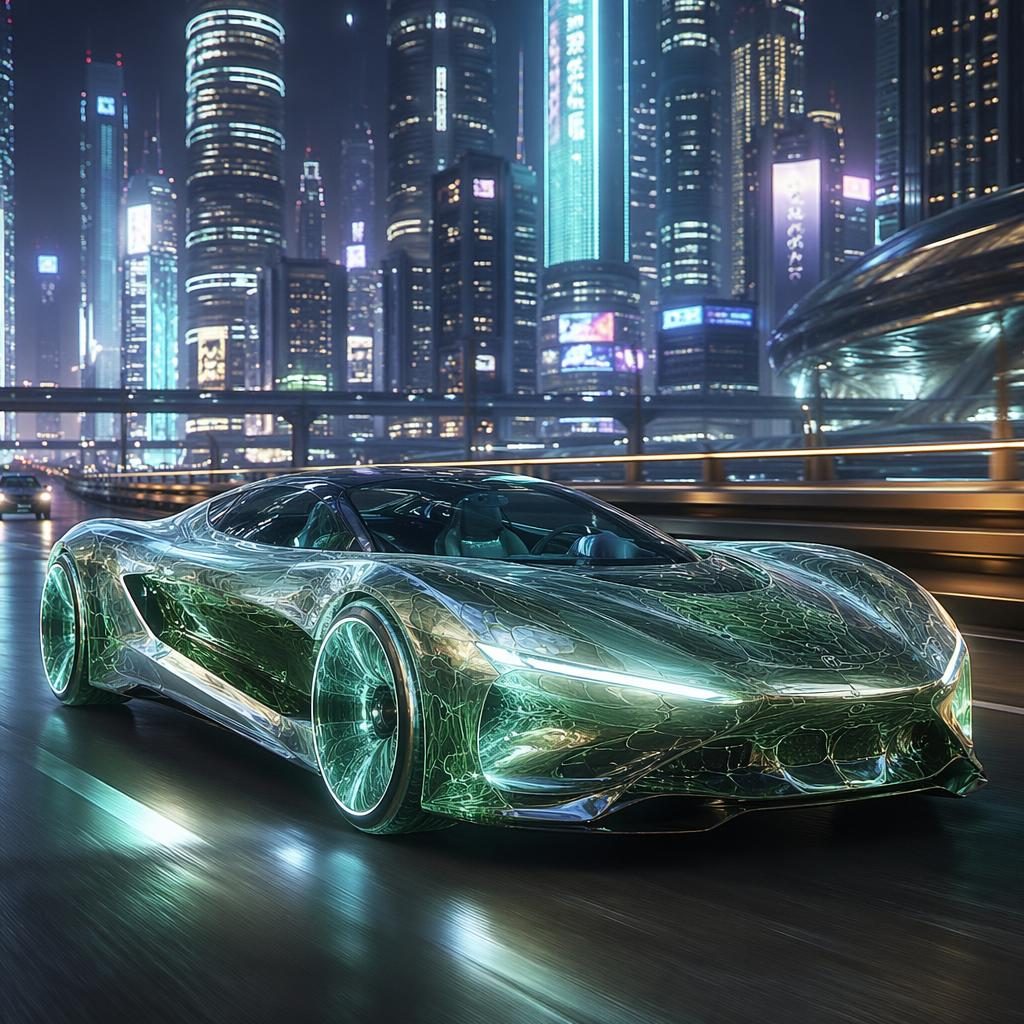 Futuristisches Sportcoupé im Mercedes AVATR Stil mit kristallklarer Karosserie auf Neon-Highway bei Nacht