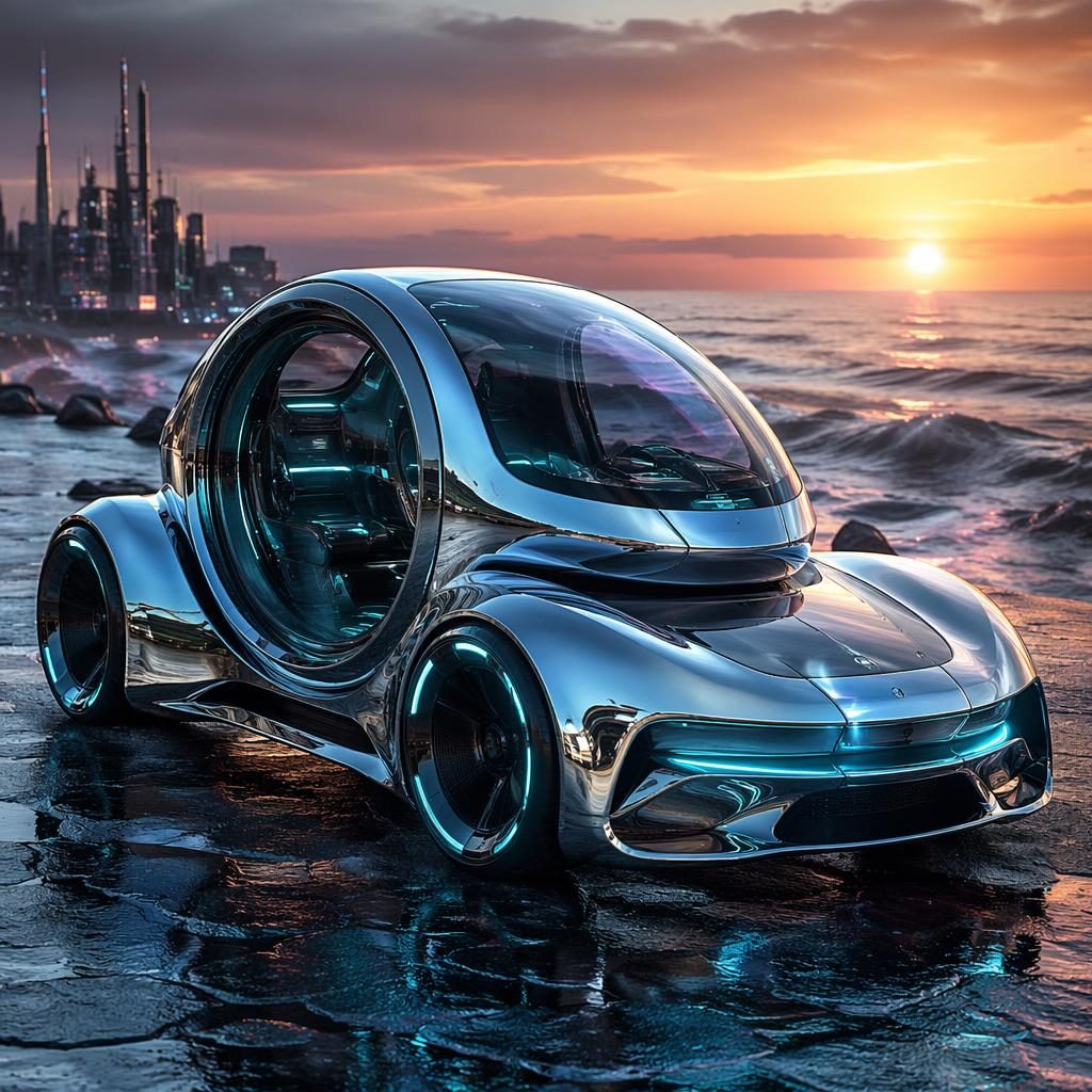 Futuristisches sci fi auto als Wasserstoff-Hot-Hatch mit Liquid-Chrome-Karosserie bei Küsten-Sonnenuntergang