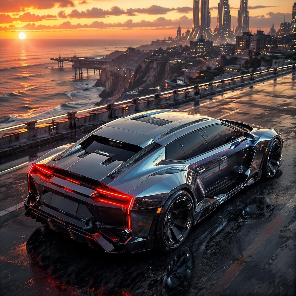 Cyberpunk Wasserstoff-Sedan mit Liquid-Chrome-Karosserie aus der Luft, an der Küste bei Sonnenuntergang