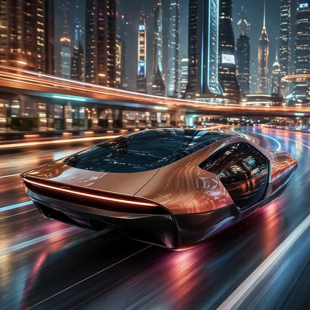 Rendu d’un taxi volant autonome cuivré, vue arrière trois quarts, sur une autoroute de mégalopole néon futuriste.