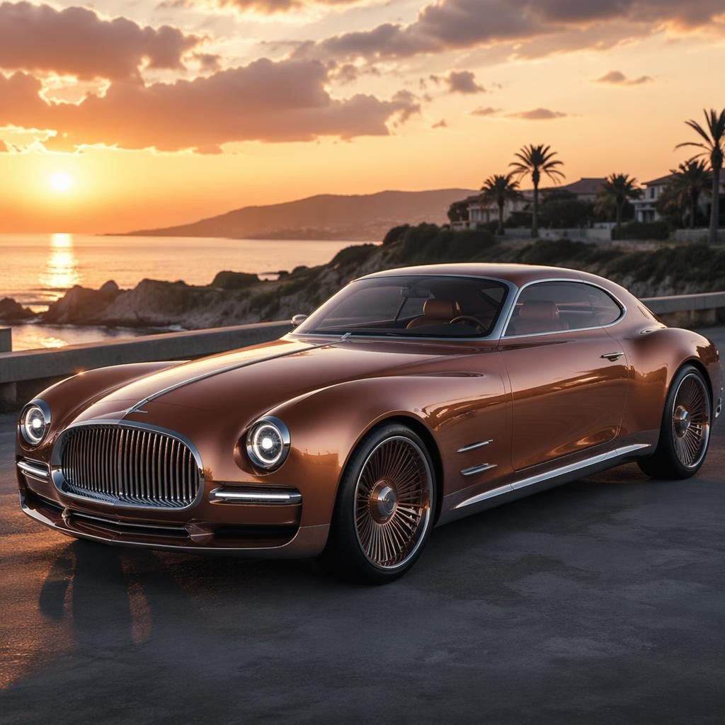 Gran turismo eléctrico 2035 color cobre perlado, vista frontal tres cuartos, junto a la costa al atardecer.