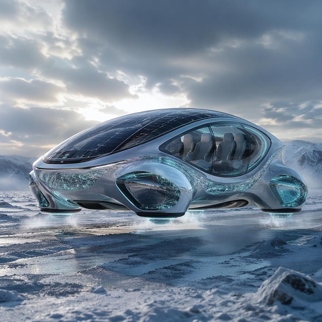 Futuristischer SUV 2050 mit holografischer Karosserie über gefrorener Tundra, aufgenommen aus tiefer Frontperspektive