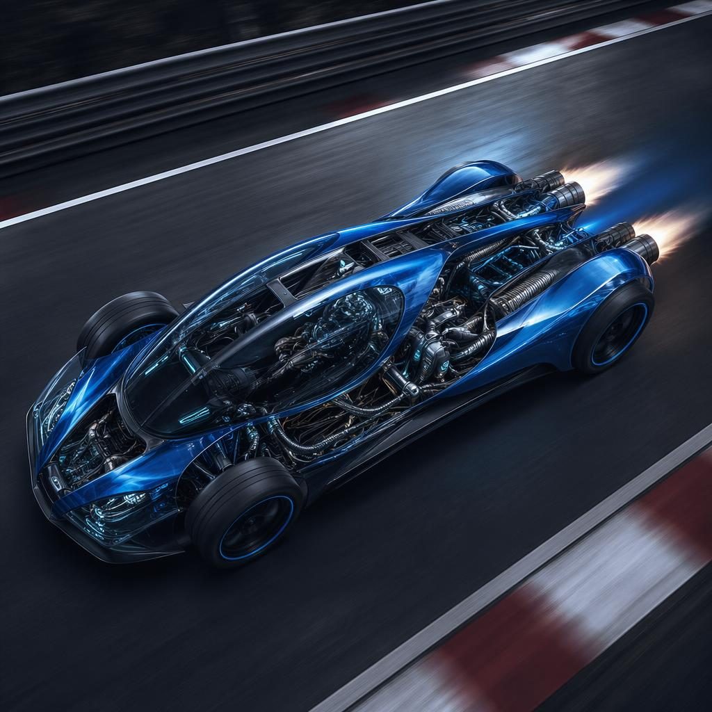 Render aéreo de un coche concepto sedán 2080 azul eléctrico con paneles transparentes sobre pista de carreras