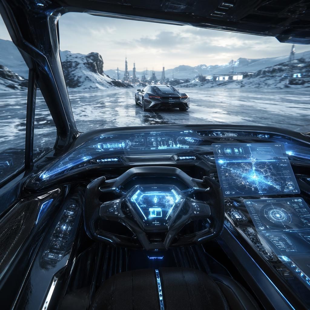 Interior POV of a cyberpunk armored sedan concept on frozen tundra, with holographic bodywork and anti-gravity design.