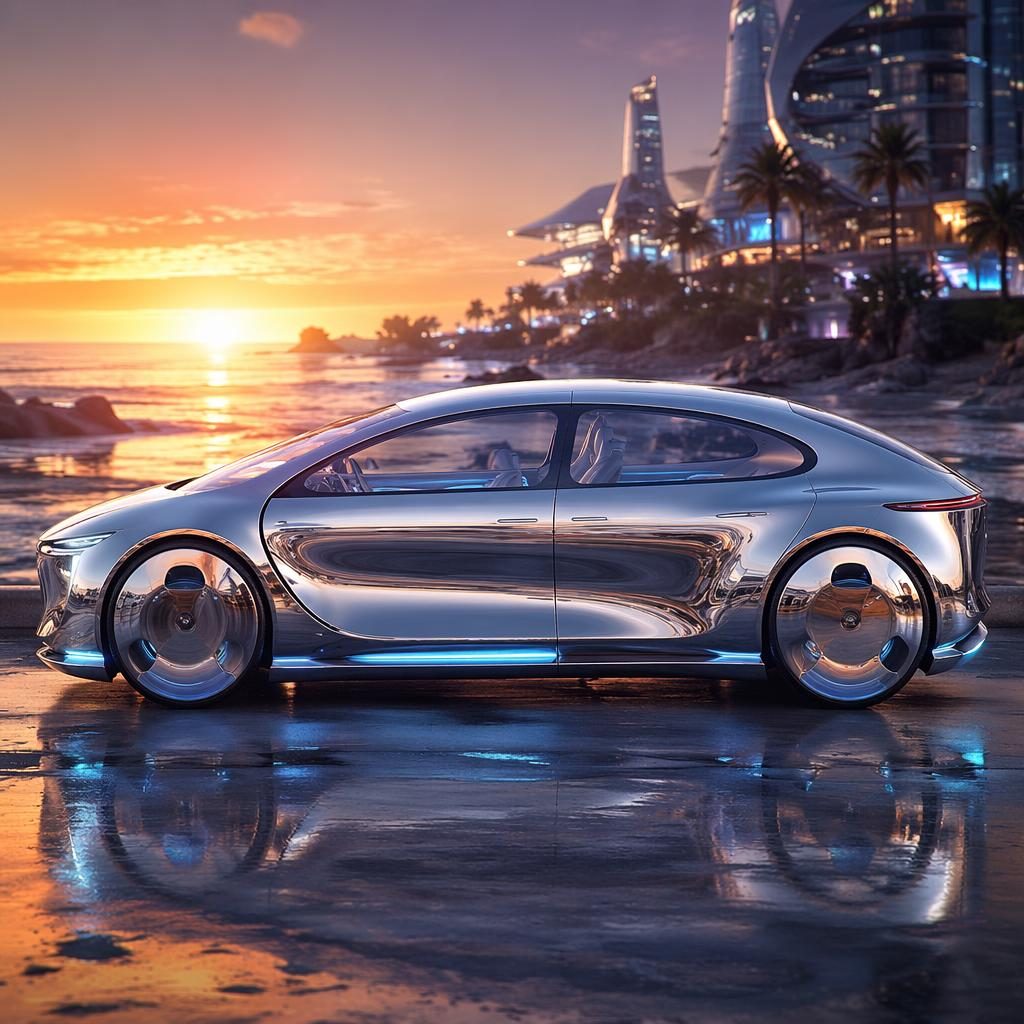 Side view of a 2035 hydrogen-powered futuristic sedan with liquid chrome bodywork at a coastal sunset