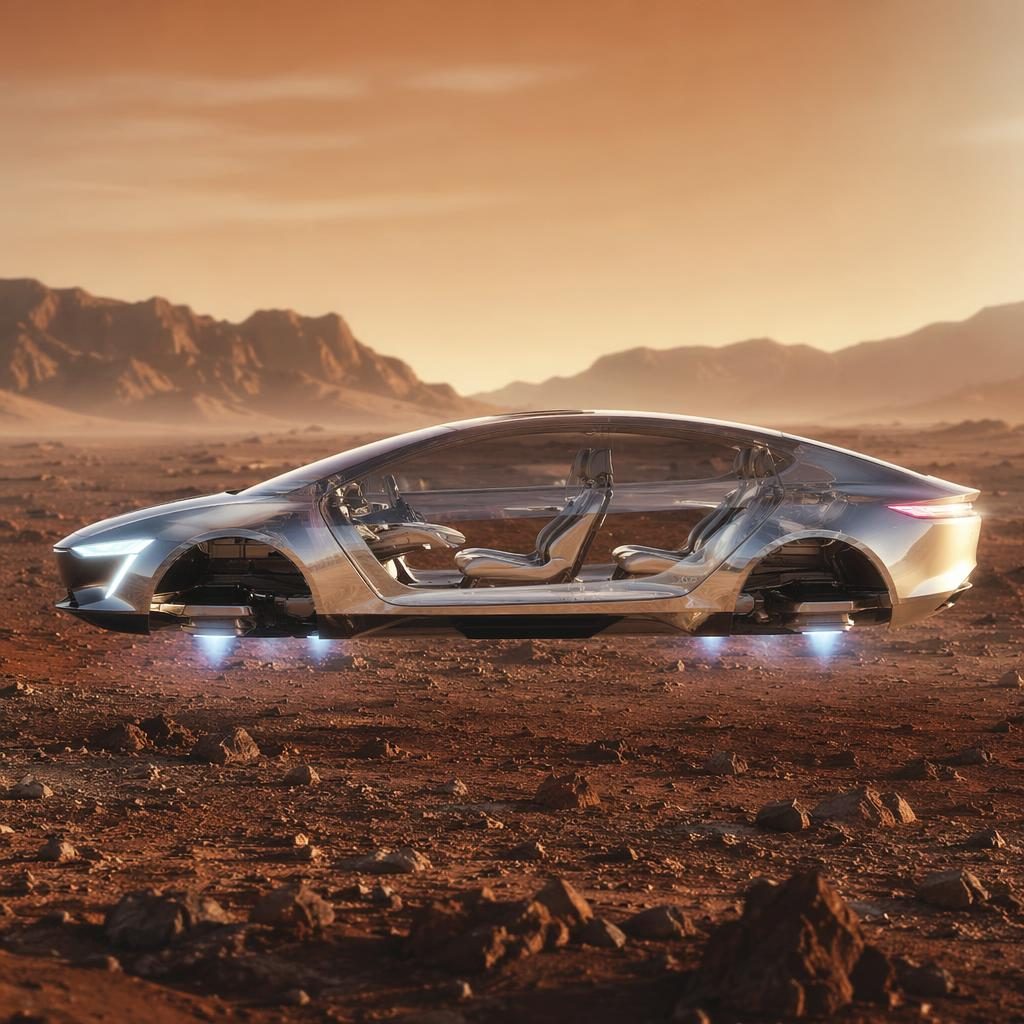 Transparenter OLED Hover-Sedan in irisierendem Silber, Seitenansicht, über karger marsähnlicher Landschaft