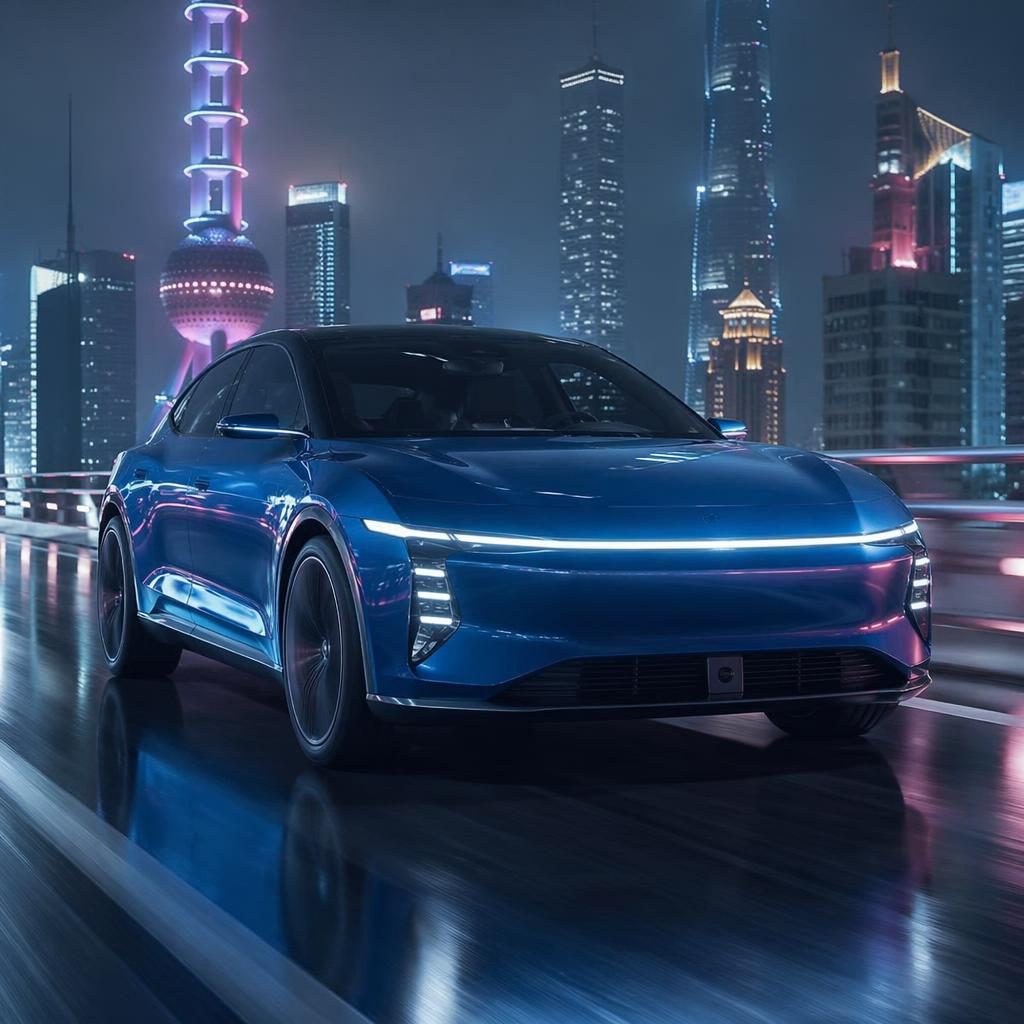 Berline électrique chinoise futuriste bleue, vue trois quarts avant, sur autoroute néon de mégapole asiatique