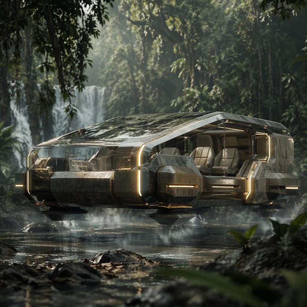 Futuristický hover vůz s krystalickou průsvitnou karoserií a brutalistním designem, pohled zepředu ze tří čtvrtin v džungli.