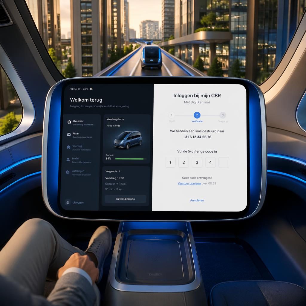 Interieurzicht van een futuristische 2050 autonome pod met blauw dashboard en scherm met mijn cbr inloggen met digid en sms.