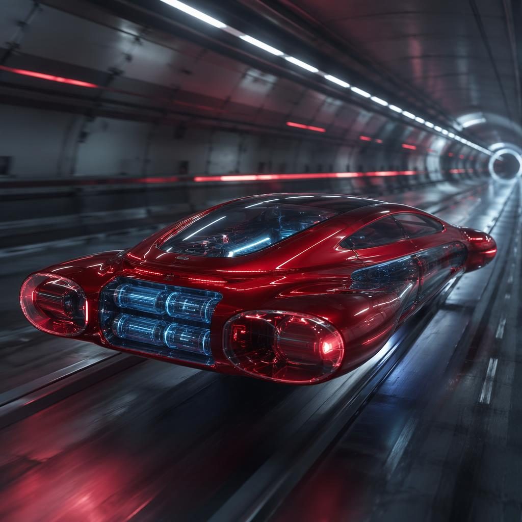 Coupé deportivo futurista rojo translúcido, vista trasera en tres cuartos, en túnel subterráneo con luz cinematográfica.