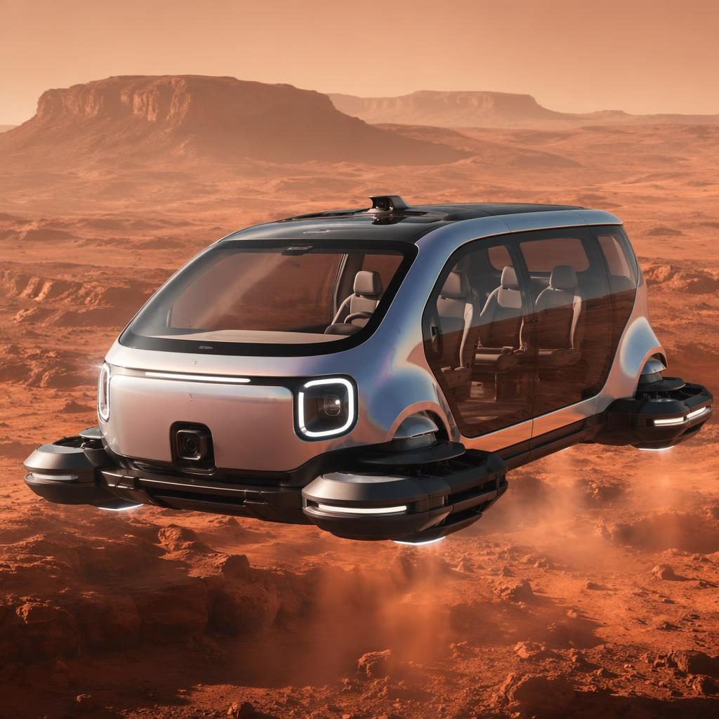 Aerial view of a futuristic 2080 autonomous pod taxi with iridescent silver body on a Mars-like desert landscape.