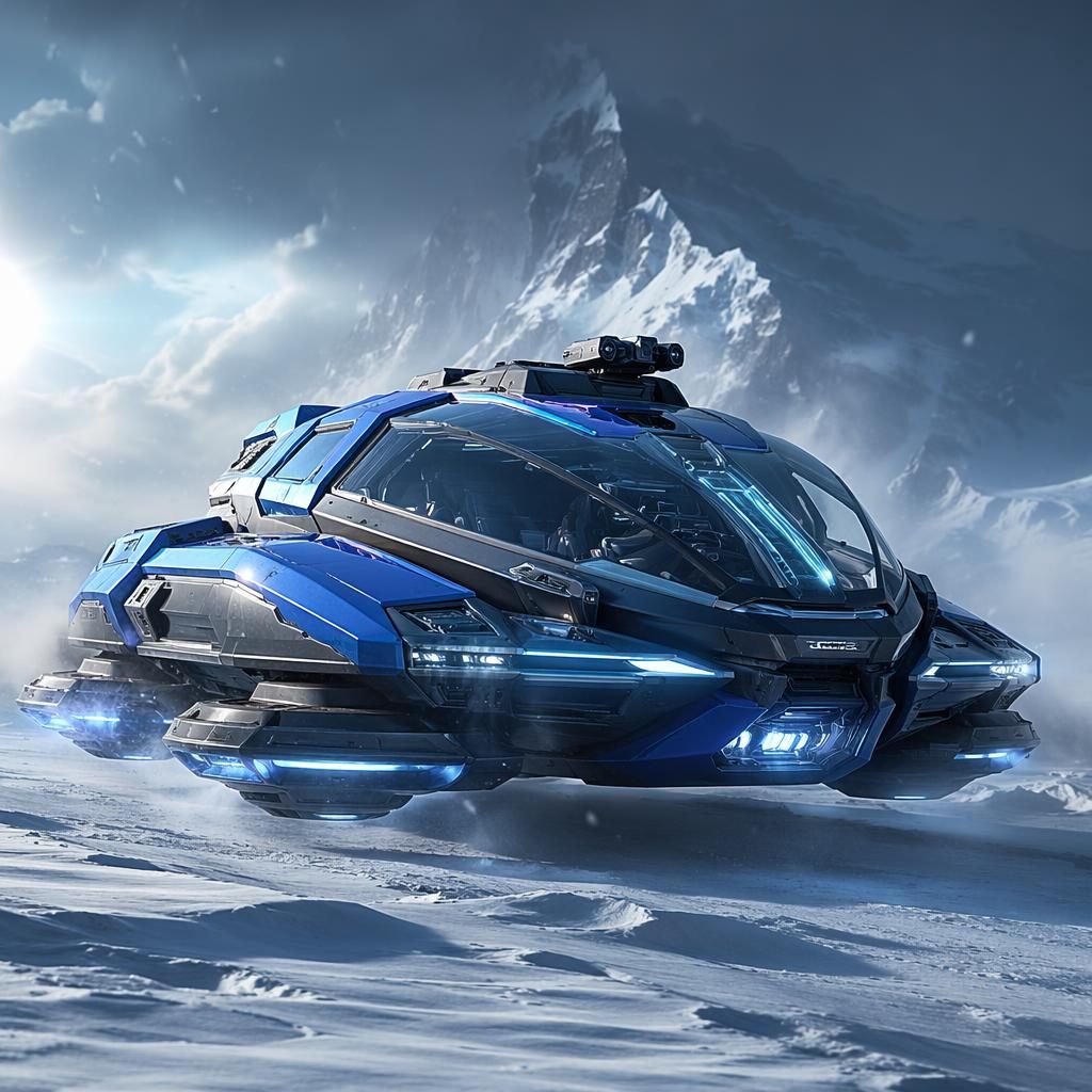 Electric blue levitating snow rover concept with transparent panels on a race track, shown in three-quarter front view
