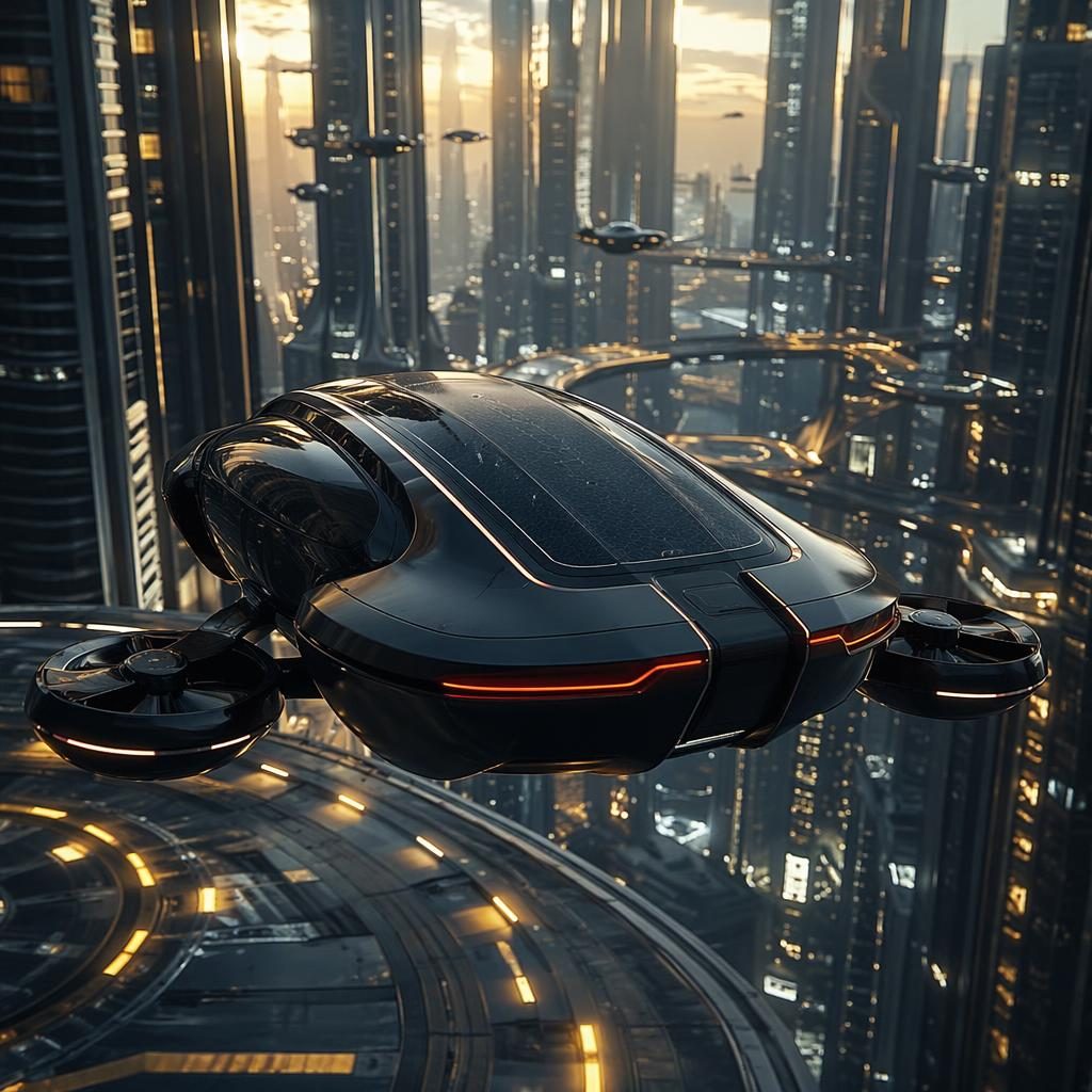 Render d’une voiture du futur autonome noire mate, vue arrière trois quarts, sur une passerelle urbaine verticale