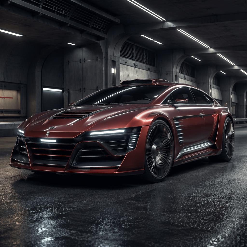 Futuristický sedan 2035 v tmavě červené barvě v podzemním tunelu, s průduchy, chlazením a turbínovým zadním detailem