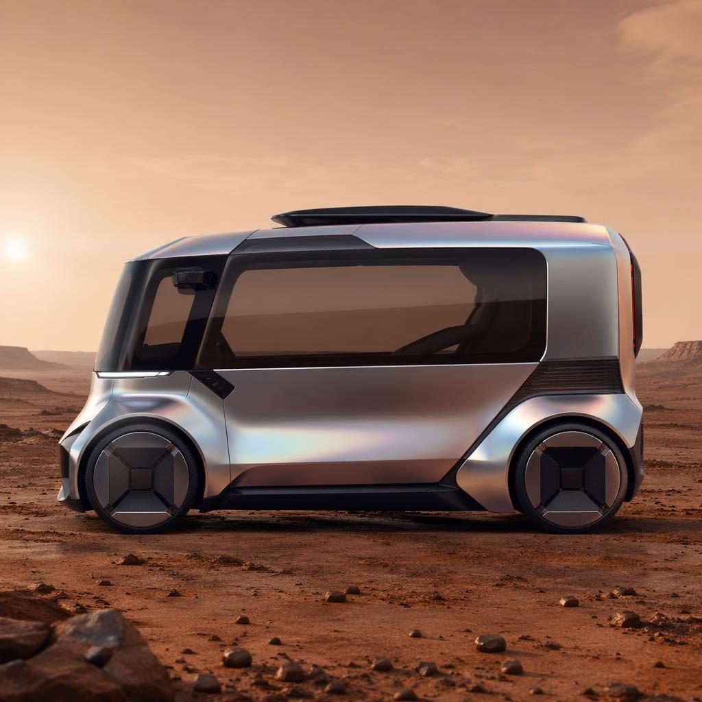 Futuristický modulární městský cube car 2035, iridescentně stříbrný hover vůz v bočním profilu v pusté marsovské krajině