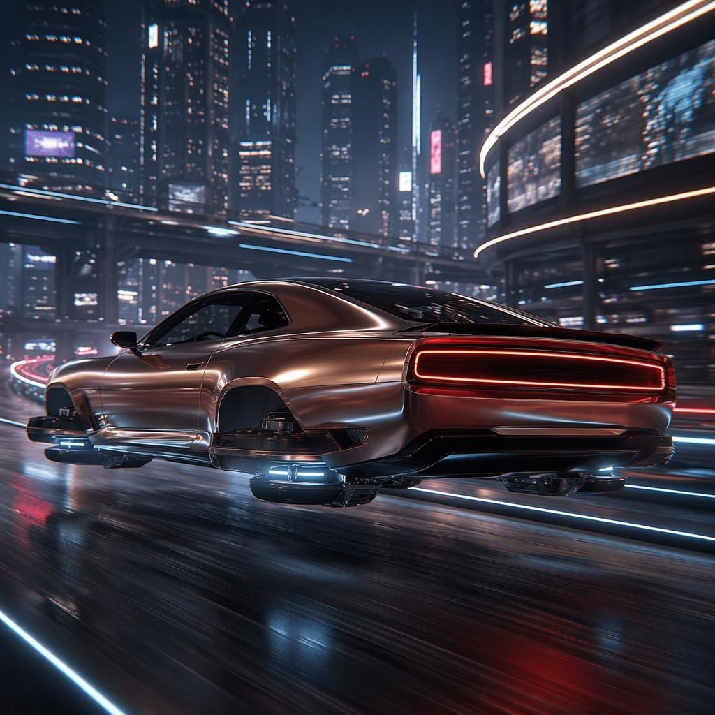 Copper pearl futuristic flying car render, three-quarter rear view on a neon megacity highway with cinematic lighting.